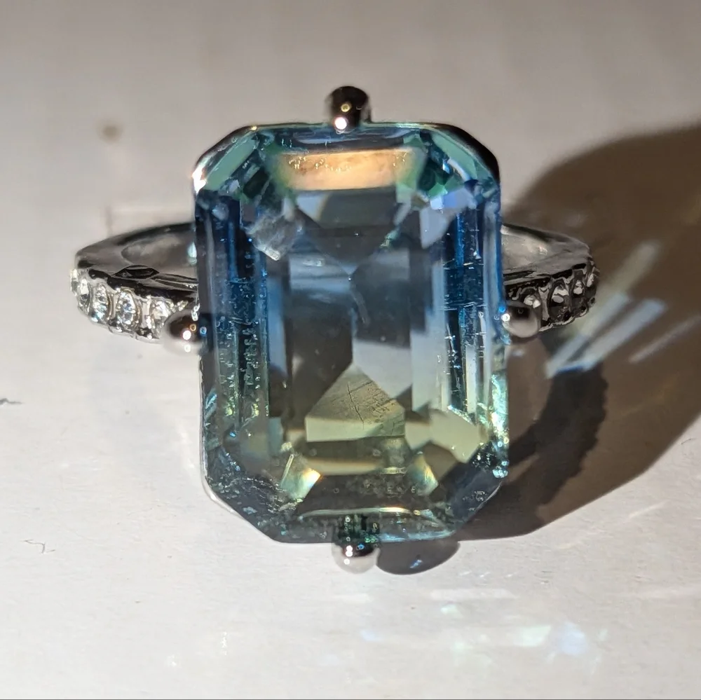Blue/Green Tourmaline Ring, 14K White Gold Plated Double Color Gemstone Sz 6